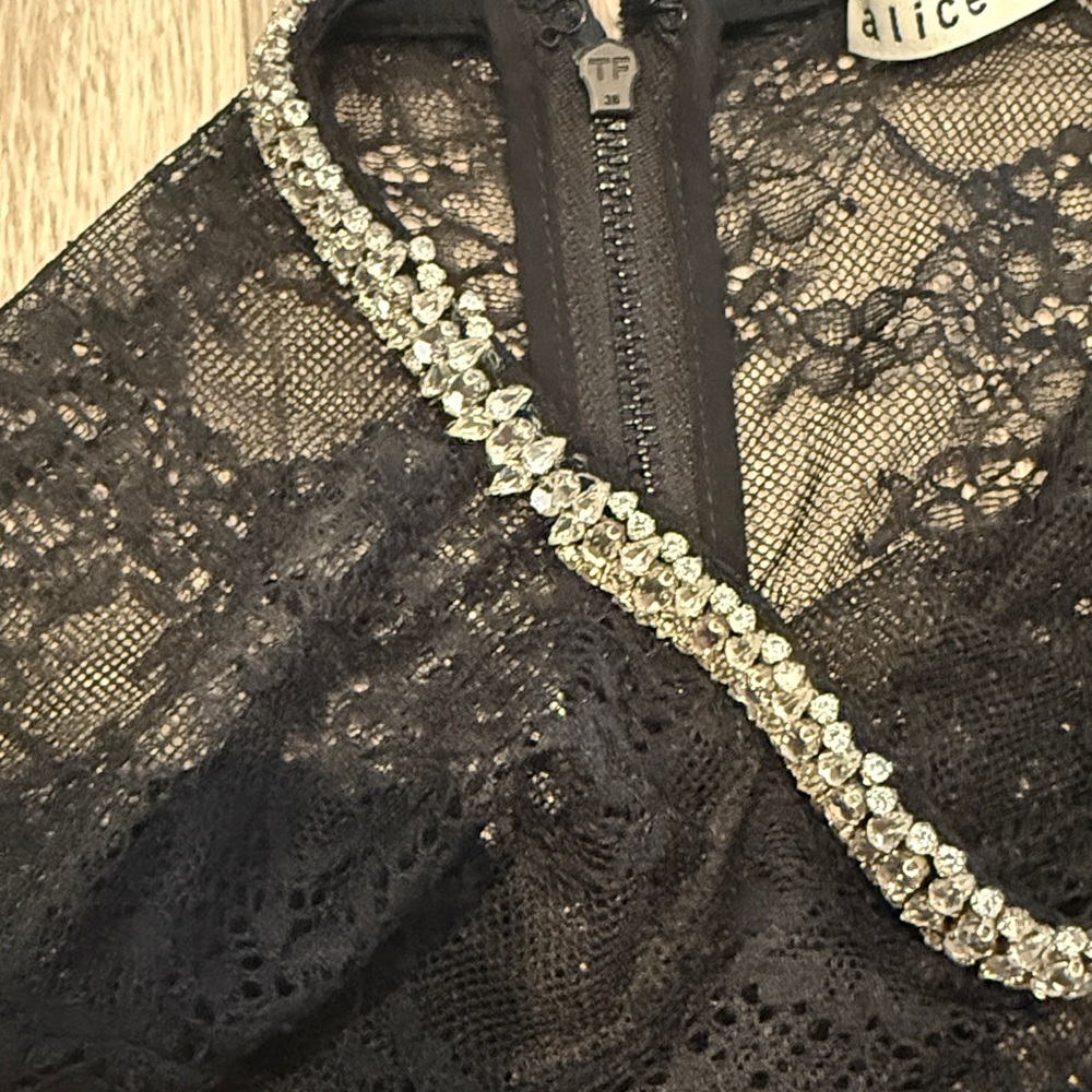 alice + olivia Vanita Embellished Neck Black Lace Crop Top Large - Picture 8 of 8
